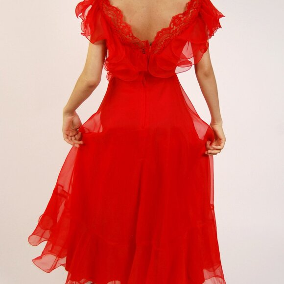 60s Chiffon Gown (XS) vintage red evening dress ruffle prom frilly sheer witch - Picture 4 of 8